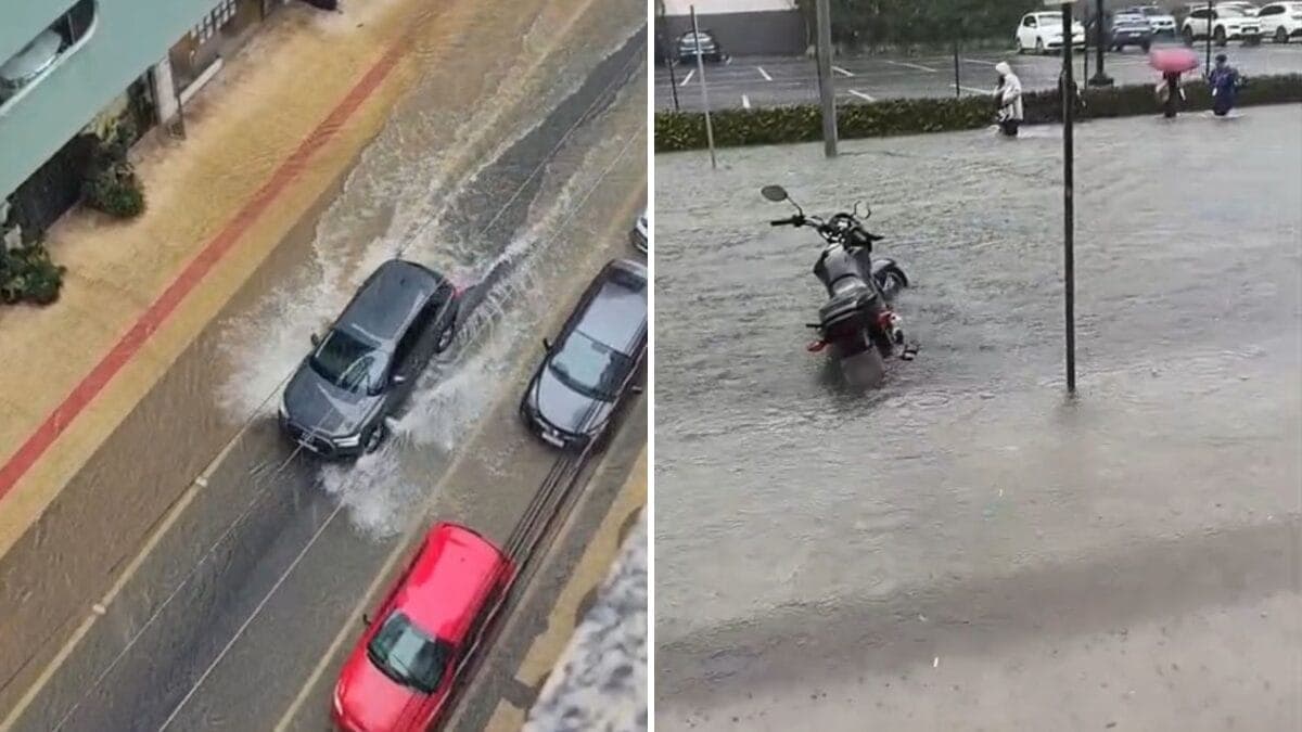 Ruas de Balneário Camboriú viram rios e cidade tem mais de 100 mm de chuva em poucas horas